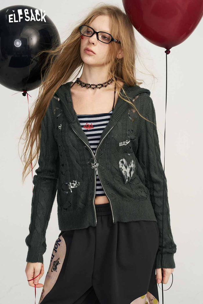 Hooded Zip-Up Heart Print Knit Cardigan