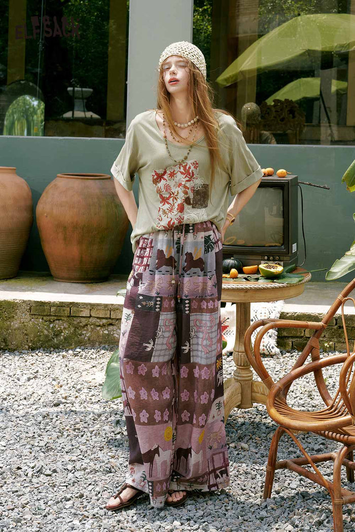 ELFSACK Horse Art Print High Waist Wide Leg Pants