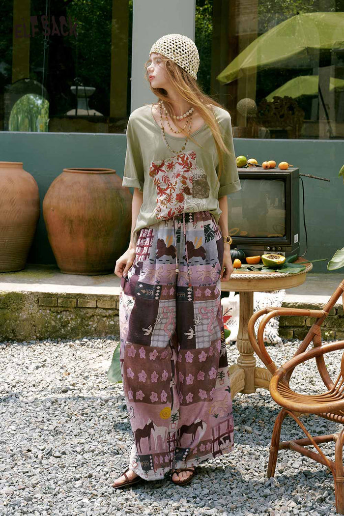 ELFSACK Horse Art Print High Waist Wide Leg Pants