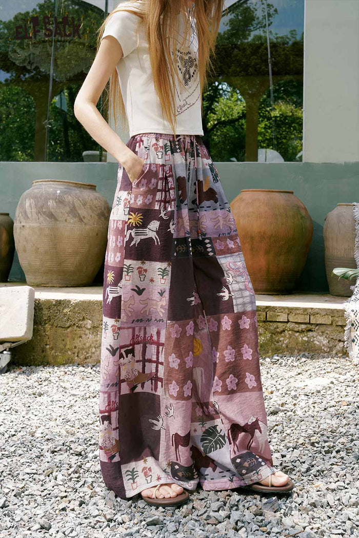 ELFSACK Horse Art Print High Waist Wide Leg Pants