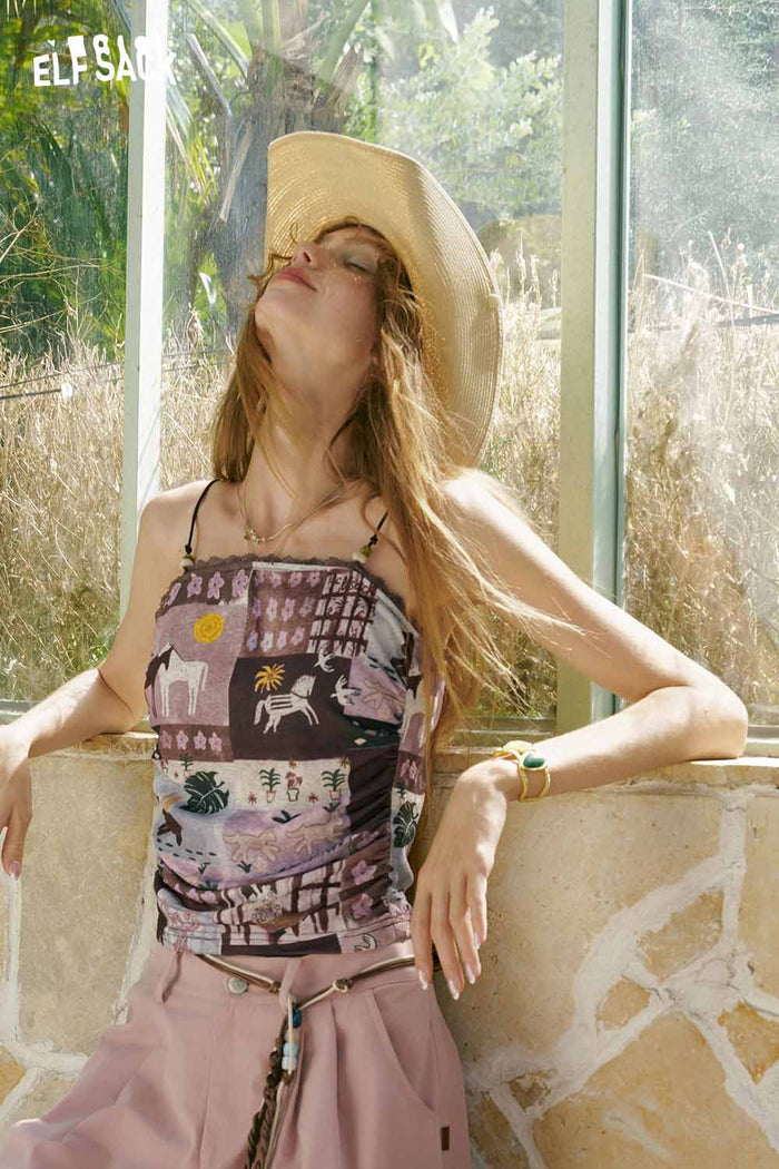 ELFSACK Horse Mural Patchwork Crop Cami