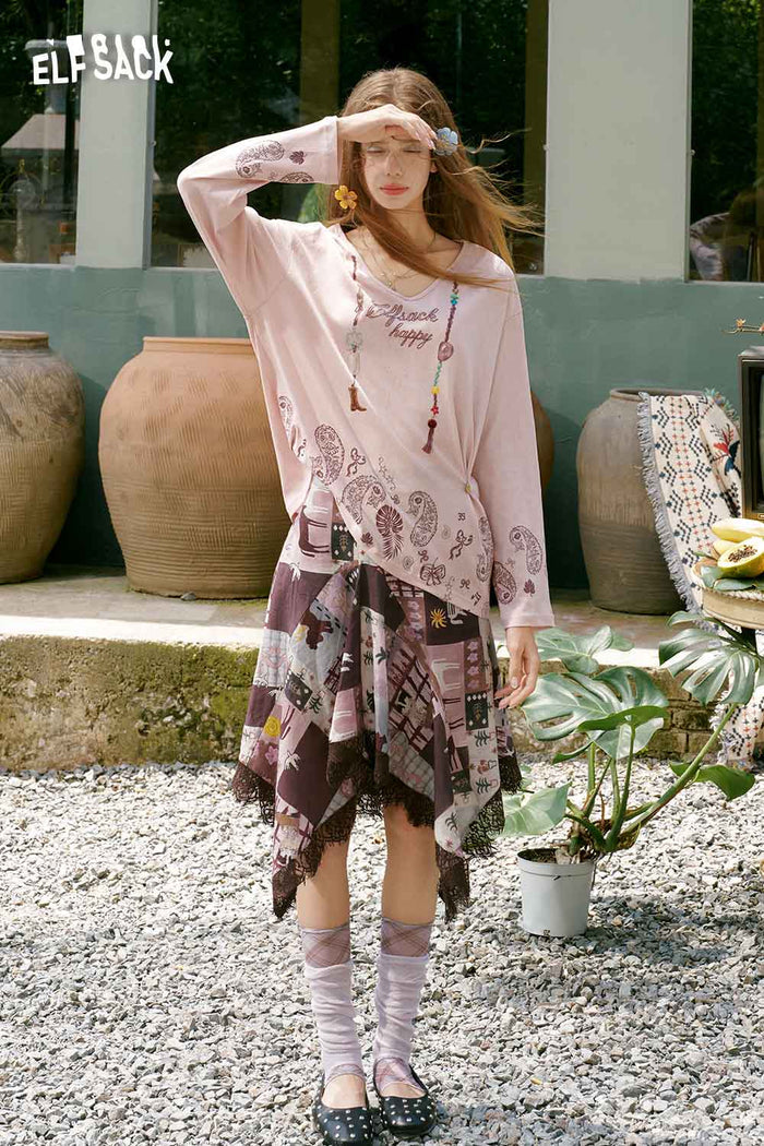 ELFSACK Horse Mural Patchwork Lace Mini Skirt
