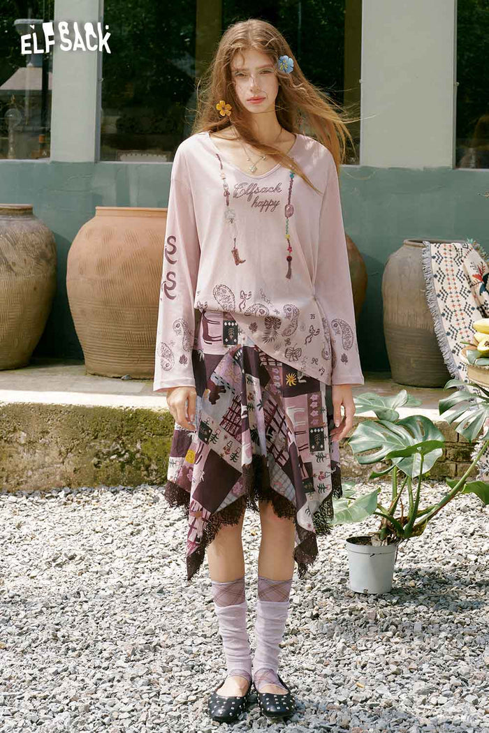 ELFSACK Horse Mural Patchwork Lace Mini Skirt