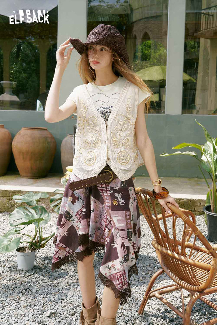 ELFSACK Horse Mural Patchwork Lace Mini Skirt