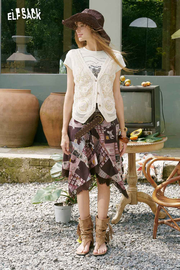 ELFSACK Horse Mural Patchwork Lace Mini Skirt