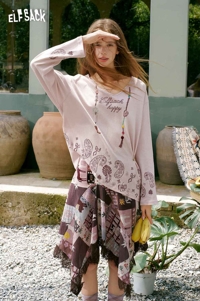ELFSACK Horse Mural Patchwork Lace Mini Skirt