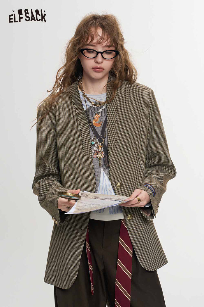 Houndstooth Collarless V Neck Preppy Blazer