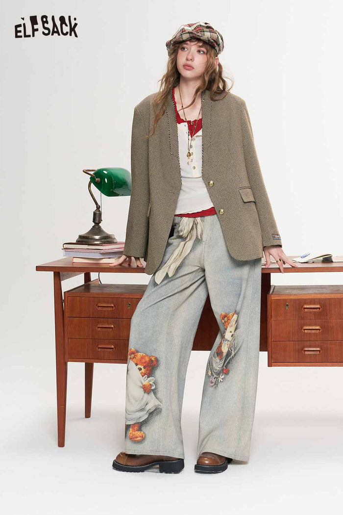 Houndstooth Collarless V Neck Preppy Blazer
