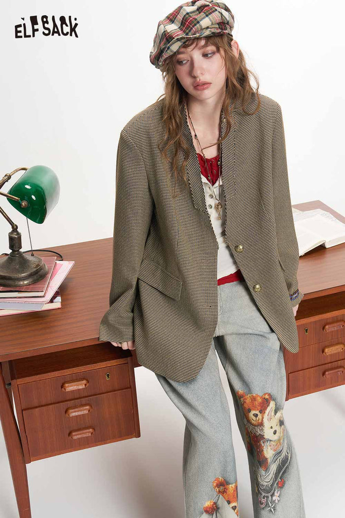 Houndstooth Collarless V Neck Preppy Blazer