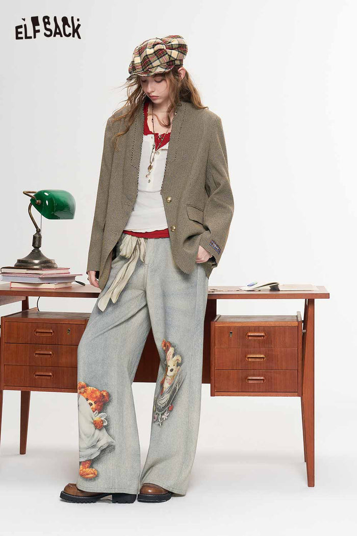 Houndstooth Collarless V Neck Preppy Blazer