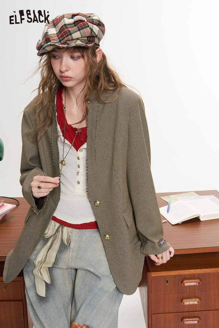 Houndstooth Collarless V Neck Preppy Blazer