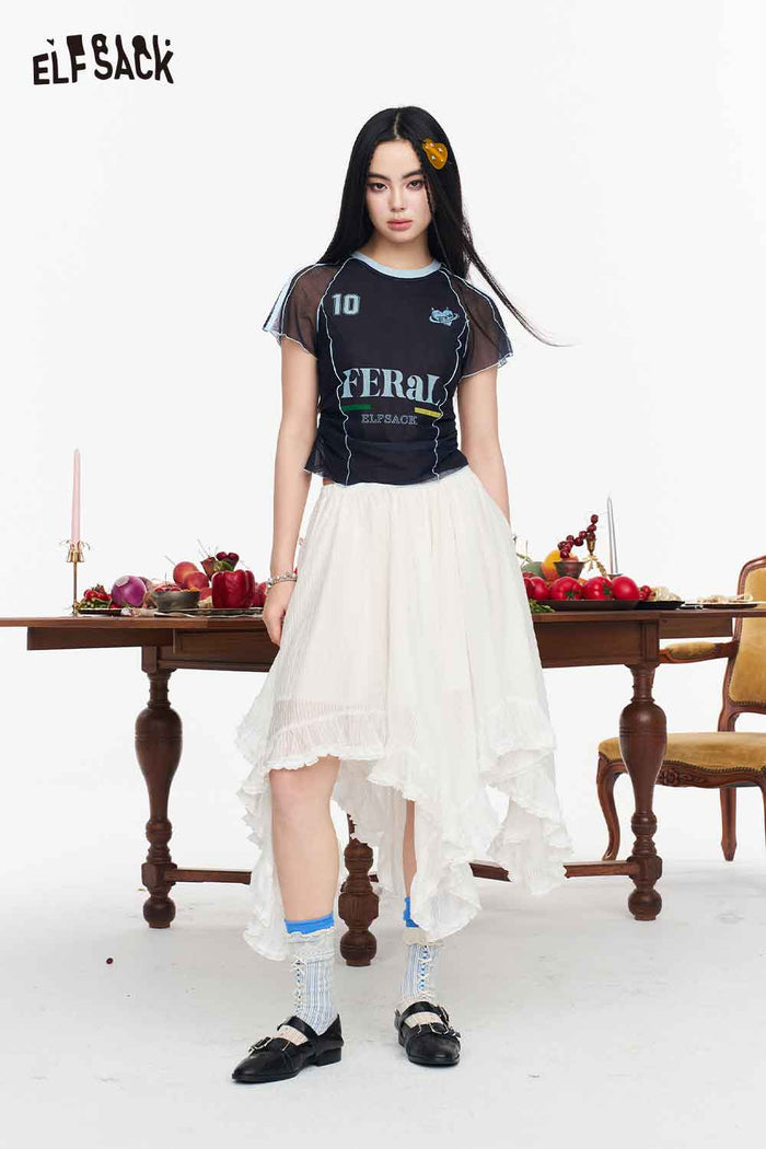 ELFSACK Irregular Ruffle Hem Striped A Line Skirt