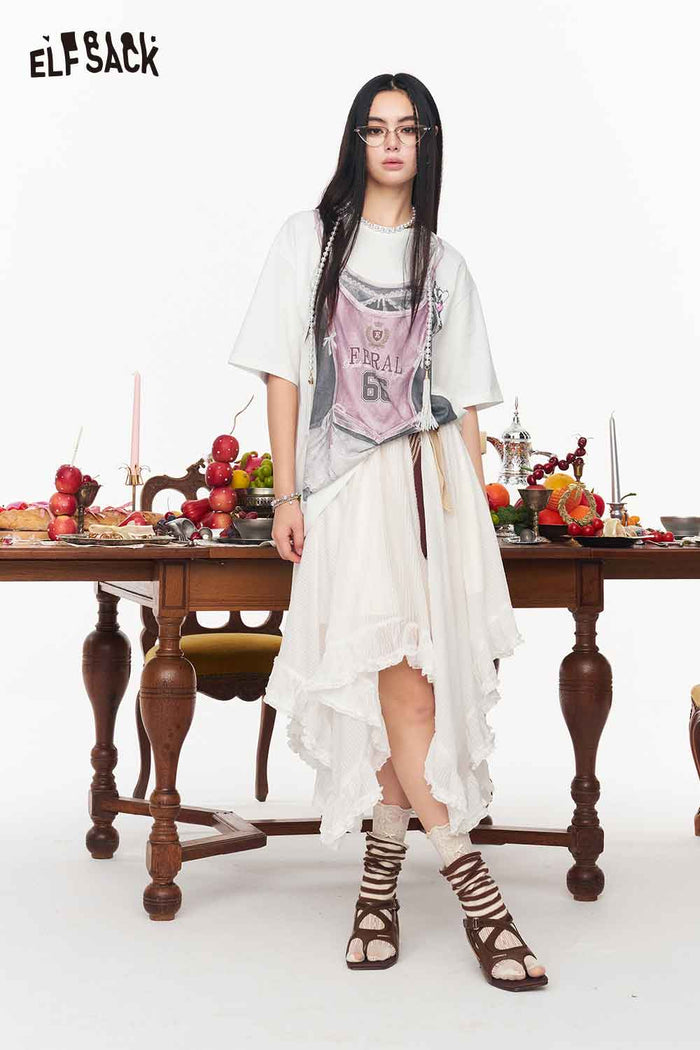 ELFSACK Irregular Ruffle Hem Striped A Line Skirt