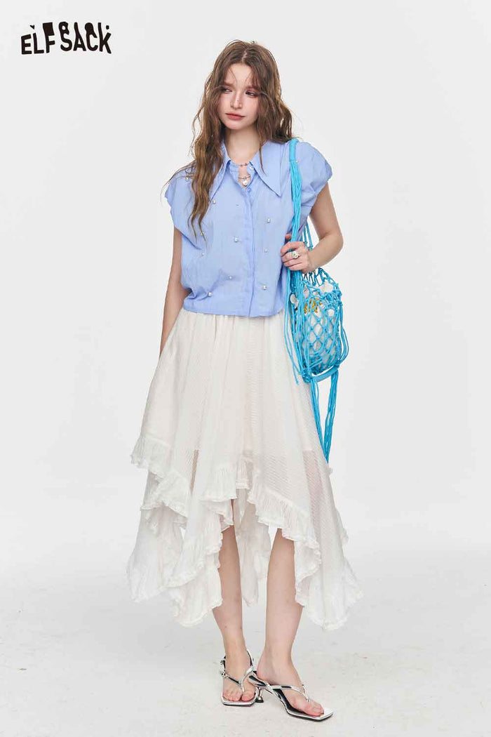 ELFSACK Irregular Ruffle Hem Striped A Line Skirt