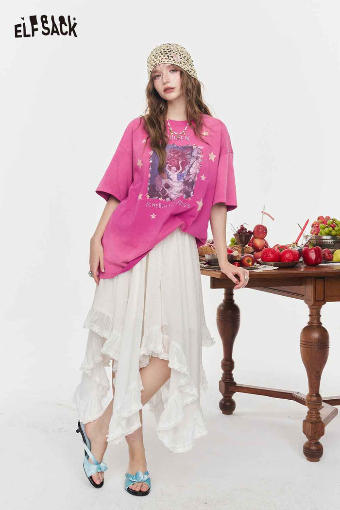 ELFSACK Irregular Ruffle Hem Striped A Line Skirt