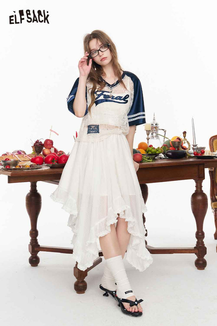 ELFSACK Irregular Ruffle Hem Striped A Line Skirt