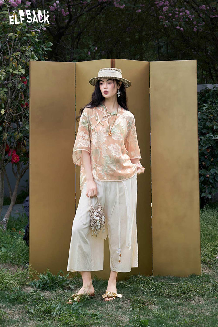 ELFSACK Jacquard Frog Button Diagonal Placket Shirt