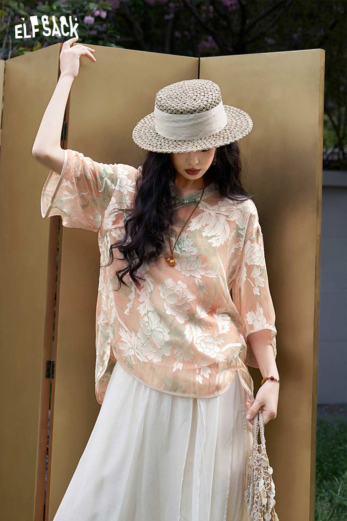 ELFSACK Jacquard Frog Button Diagonal Placket Shirt