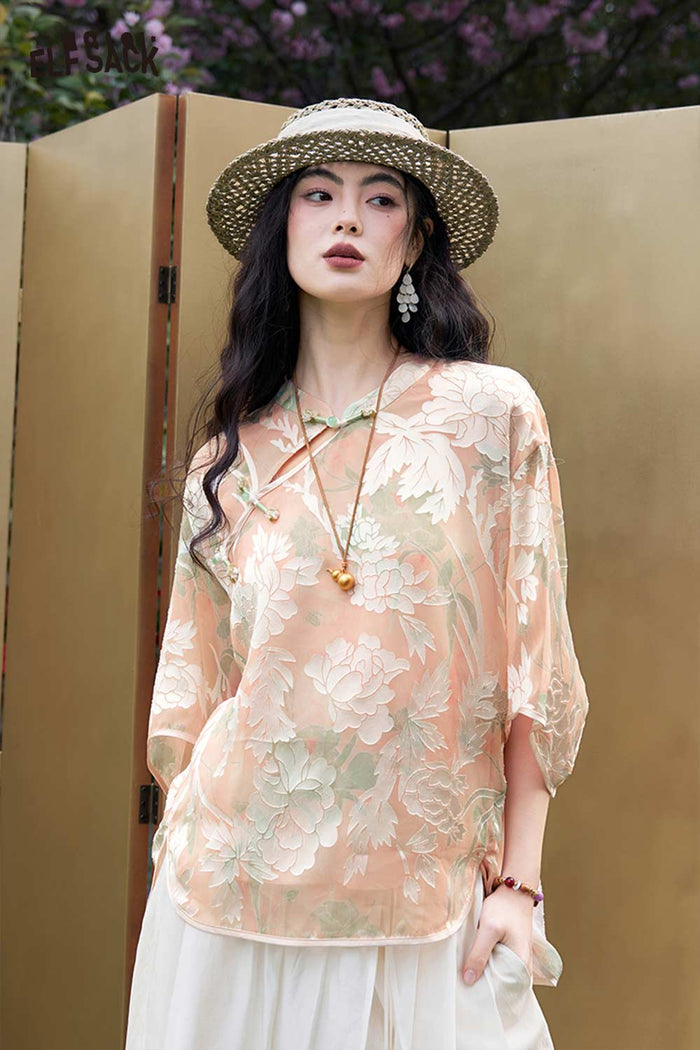 ELFSACK Jacquard Frog Button Diagonal Placket Shirt