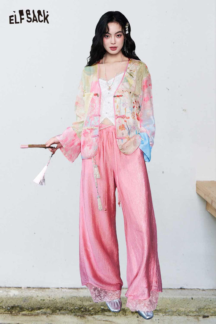ELFSACK Jacquard Lace Trim Wide Leg Pants