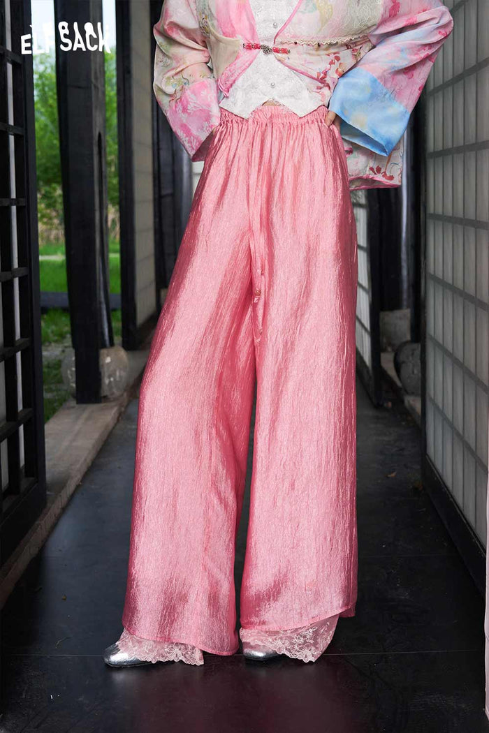 ELFSACK Jacquard Lace Trim Wide Leg Pants