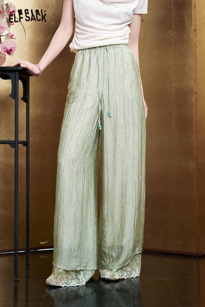 ELFSACK Jacquard Lace Trim Wide Leg Pants