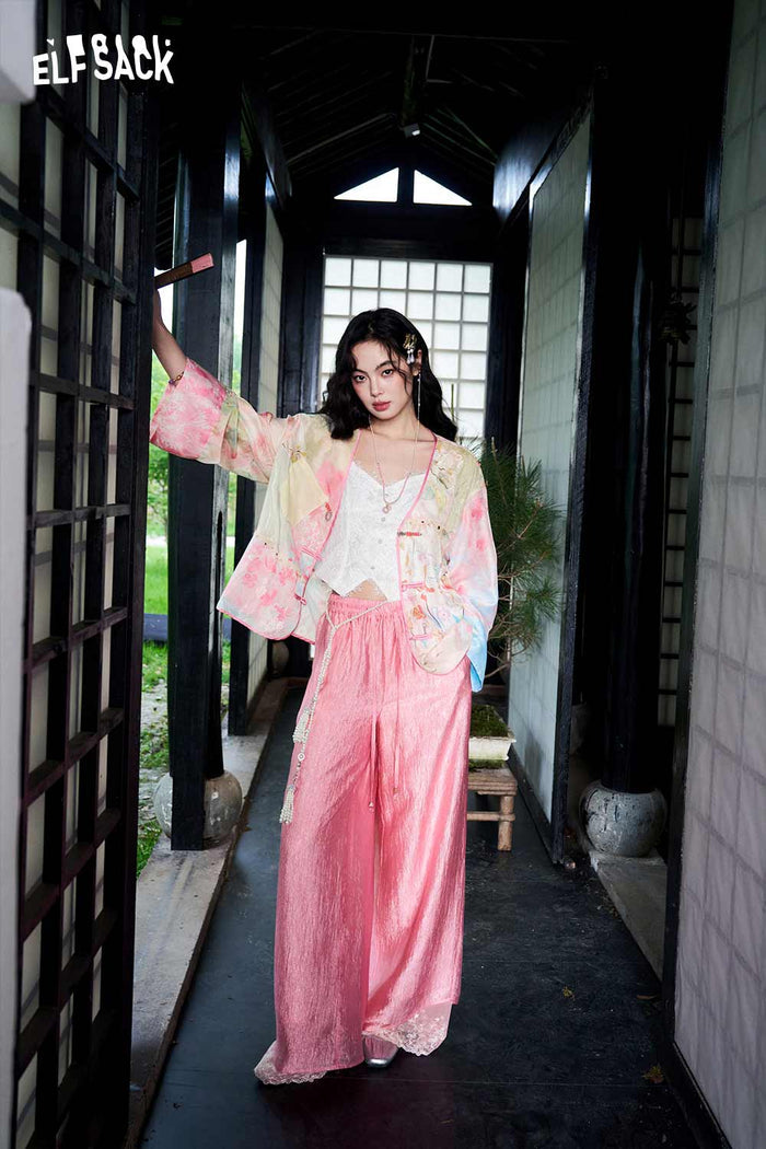 ELFSACK Jacquard Lace Trim Wide Leg Pants
