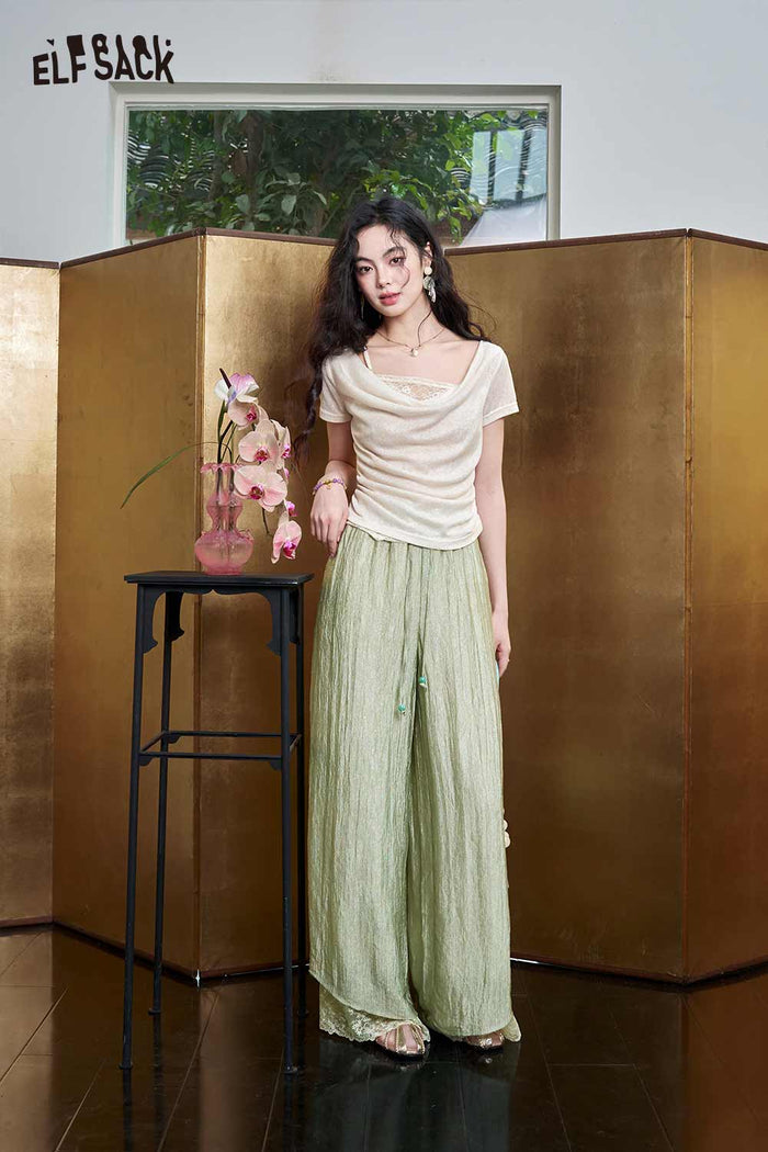 ELFSACK Jacquard Lace Trim Wide Leg Pants