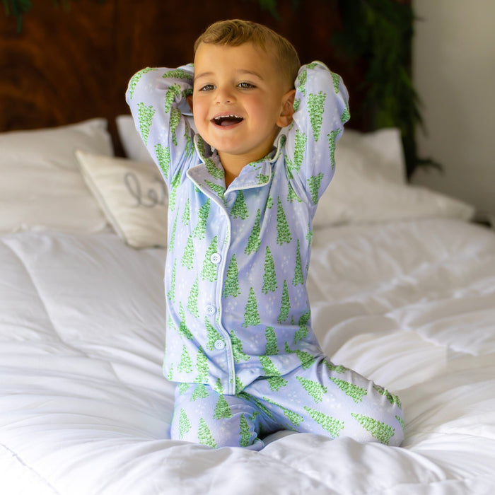 Button Down Pajamas - Blue Christmas Tree Holiday Lounge - Sugar Bee Clothing