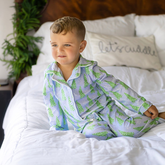 Button Down Pajamas - Blue Christmas Tree Holiday Lounge - Sugar Bee Clothing