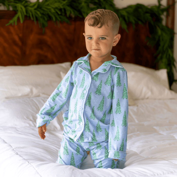Button Down Pajamas - Blue Christmas Tree Holiday Lounge - Sugar Bee Clothing