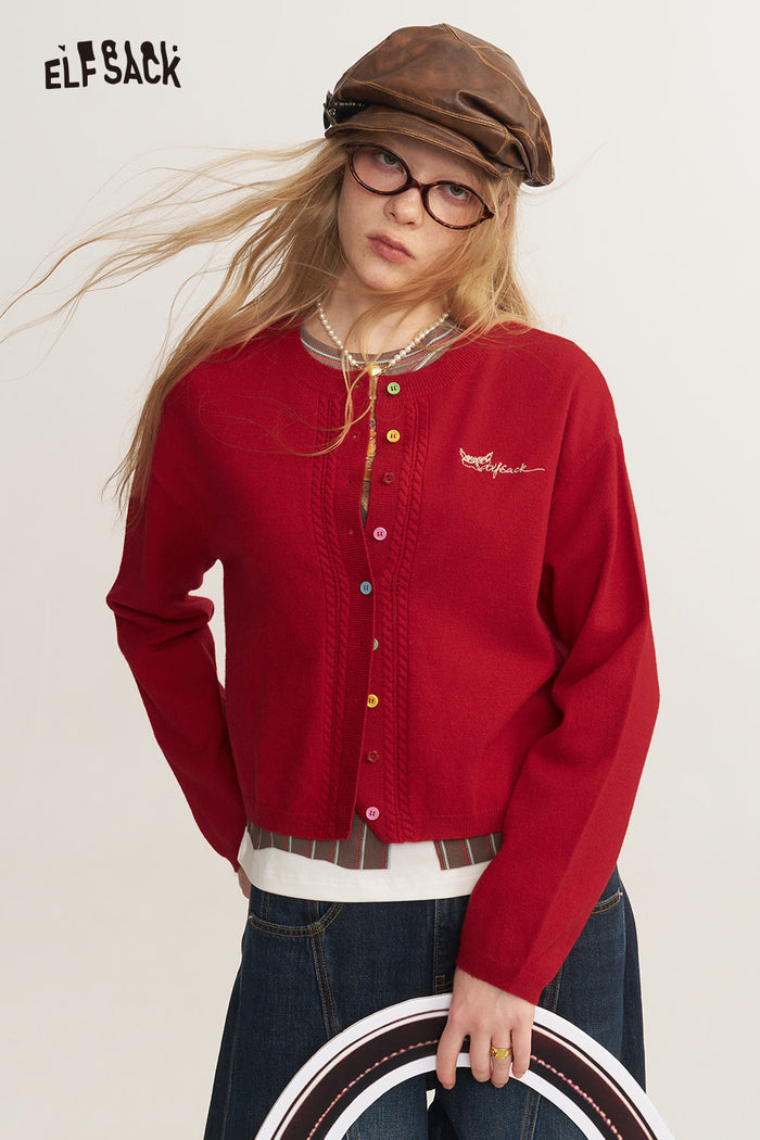 Knit Cardigan with Cable Pointelle Contrast Logo Embroidery