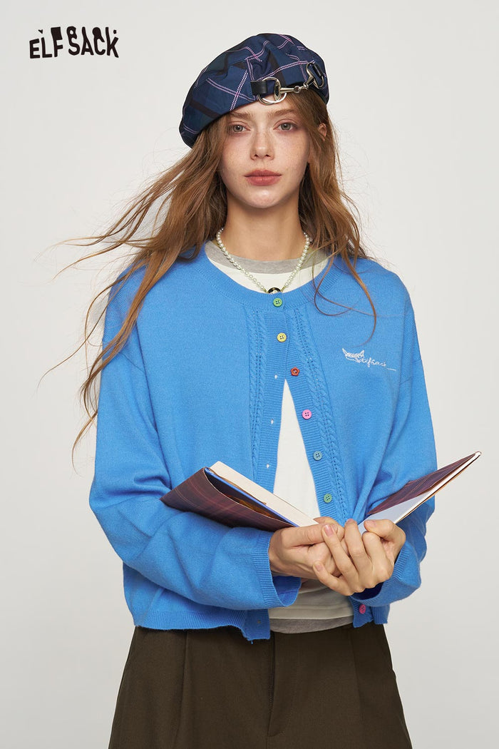 Knit Cardigan with Cable Pointelle Contrast Logo Embroidery