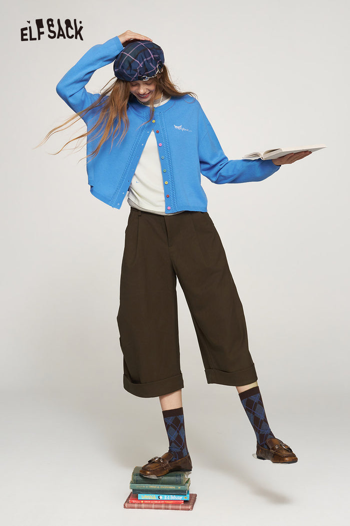 Knit Cardigan with Cable Pointelle Contrast Logo Embroidery