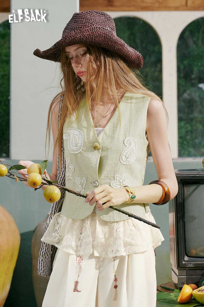 ELFSACK Lace Applique Linen Sleeveless Vest