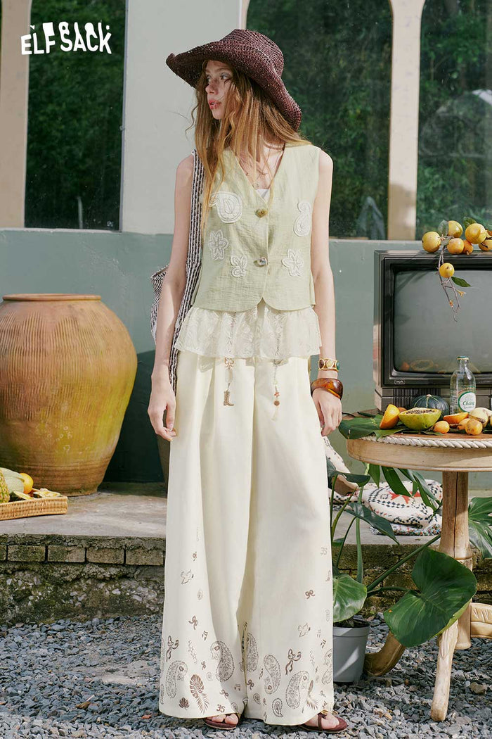 ELFSACK Lace Applique Linen Sleeveless Vest