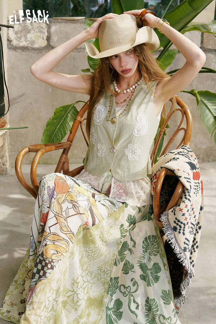 ELFSACK Lace Applique Linen Sleeveless Vest