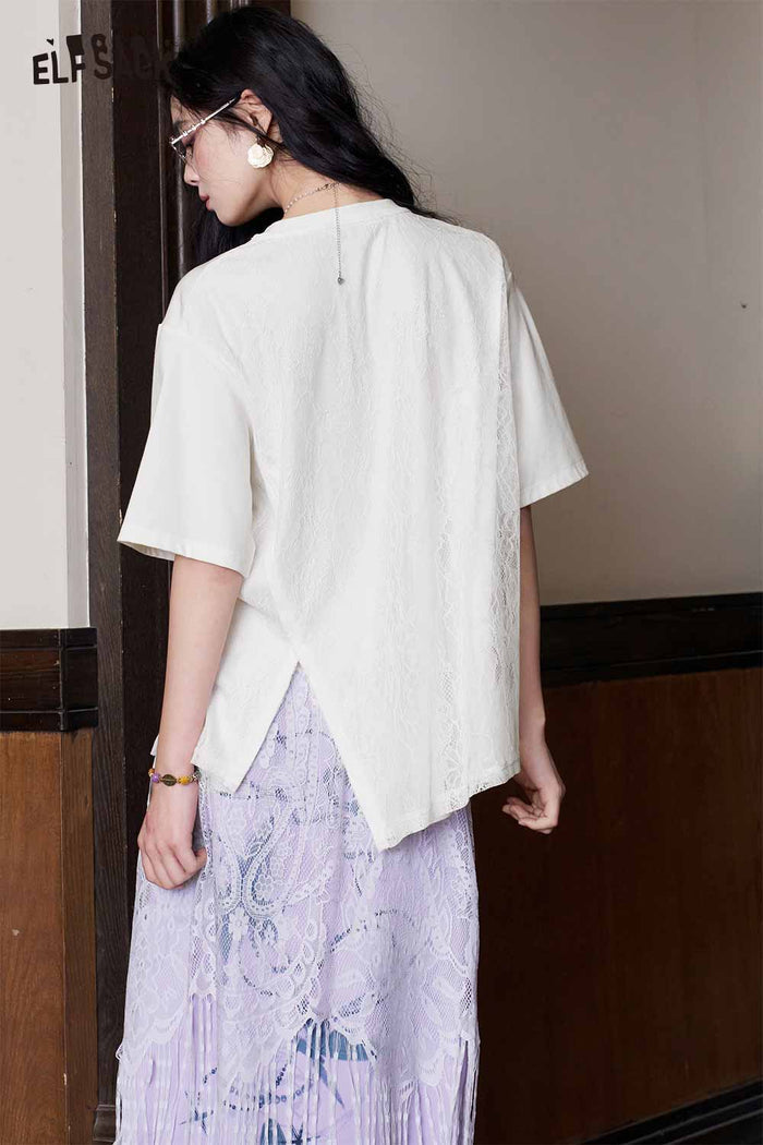 ELFSACK Lace Back Asymmetrical Hem Knit Tee