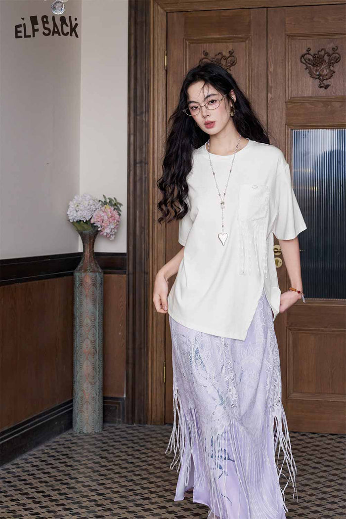 ELFSACK Lace Back Asymmetrical Hem Knit Tee