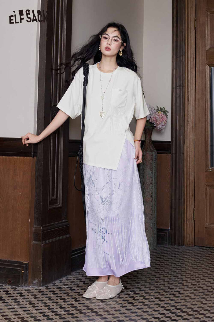 ELFSACK Lace Back Asymmetrical Hem Knit Tee