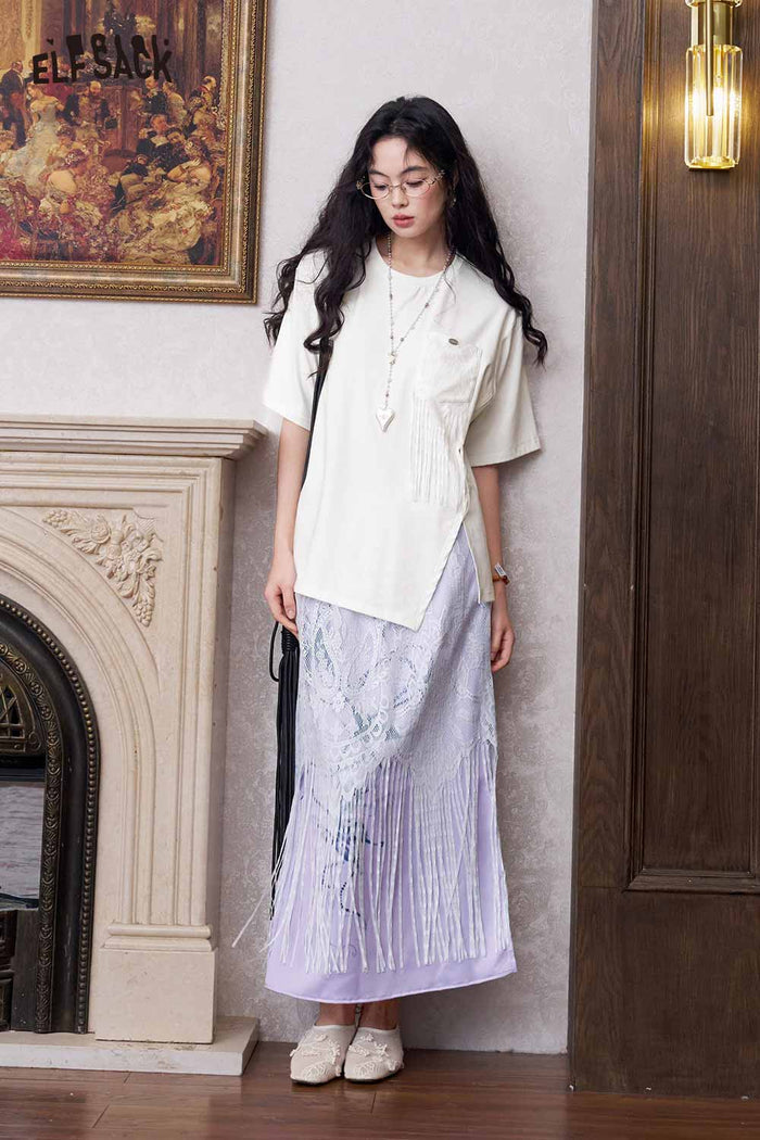 ELFSACK Lace Back Asymmetrical Hem Knit Tee
