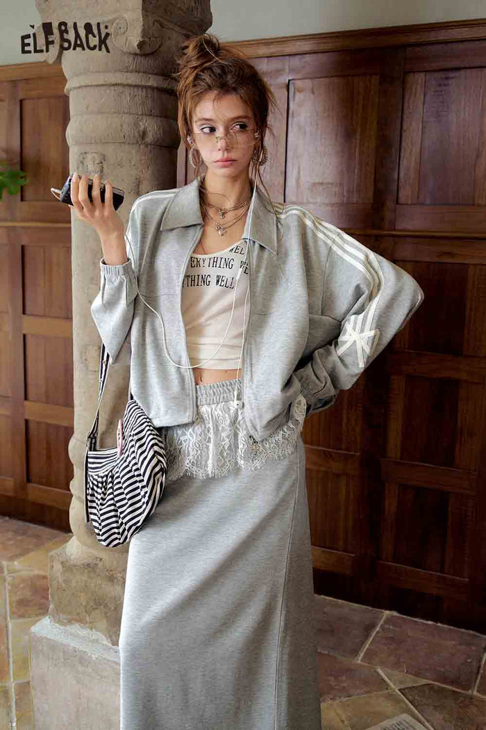 Lace Bow Zip Up Skirt Set