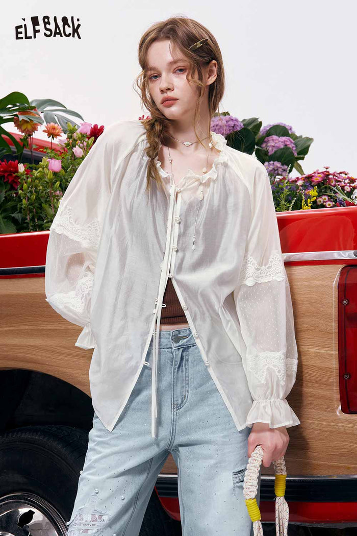 ELFSACK Lace Chiffon Sheer Sleeve Button Up Blouse