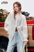 ELFSACK Lace Chiffon Sheer Sleeve Button Up Blouse