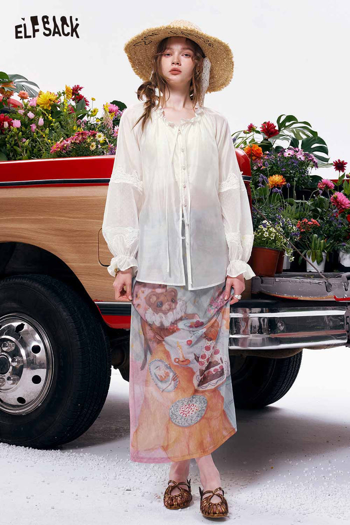 ELFSACK Lace Chiffon Sheer Sleeve Button Up Blouse