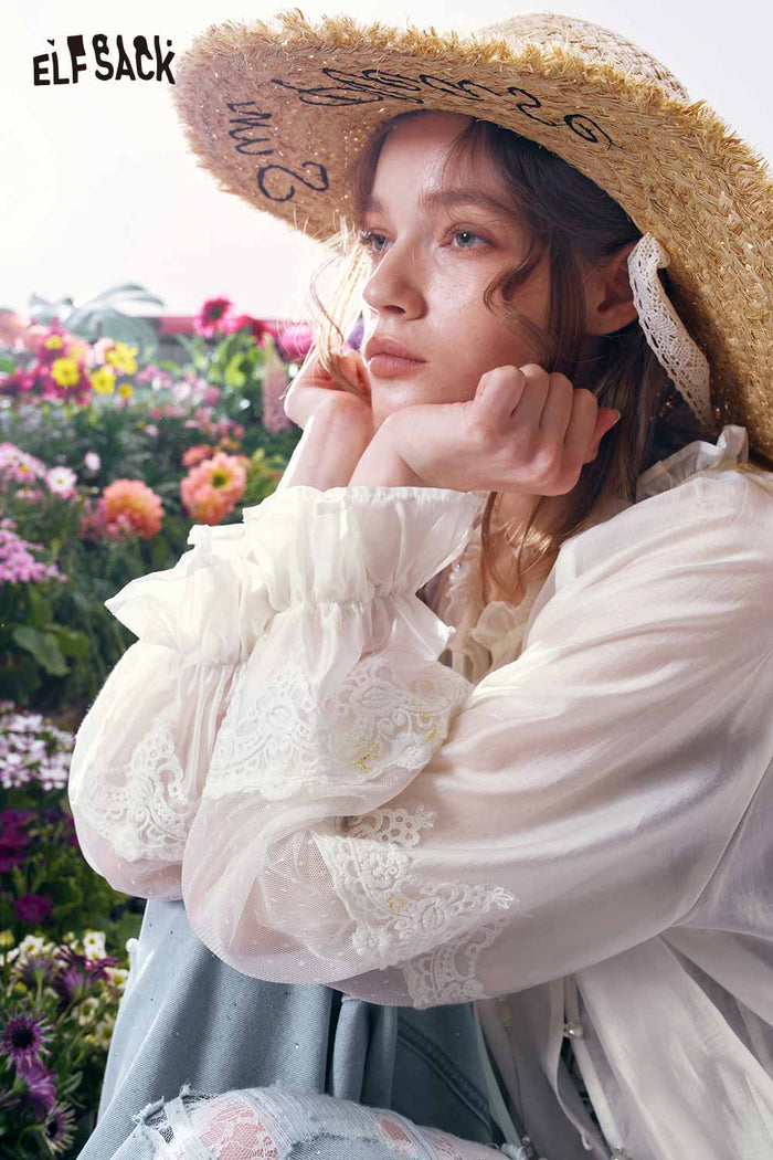 ELFSACK Lace Chiffon Sheer Sleeve Button Up Blouse