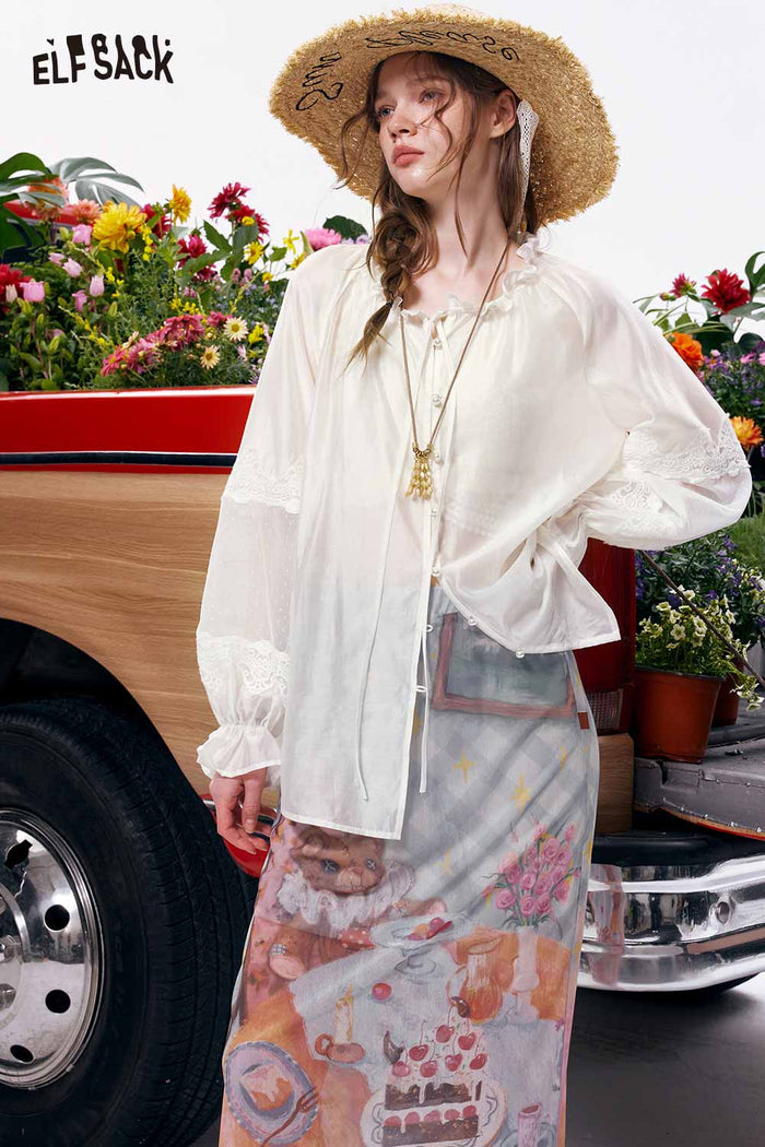 ELFSACK Lace Chiffon Sheer Sleeve Button Up Blouse