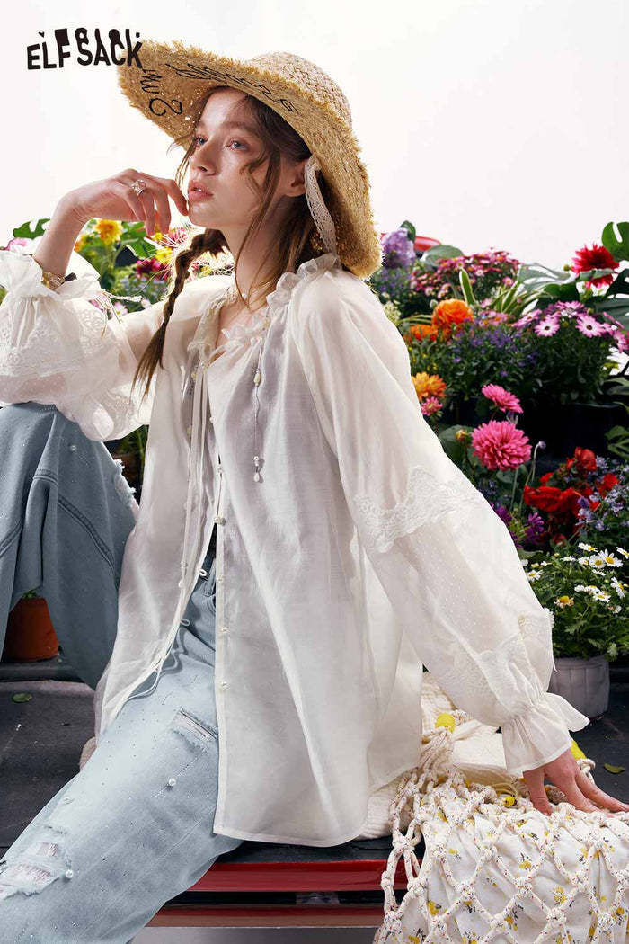 ELFSACK Lace Chiffon Sheer Sleeve Button Up Blouse