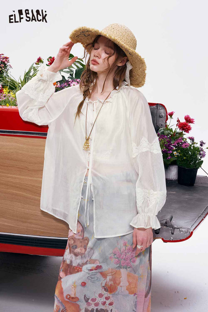 ELFSACK Lace Chiffon Sheer Sleeve Button Up Blouse