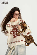 Lace Collar Bear Heart Print Long Sleeve Loose Sweater